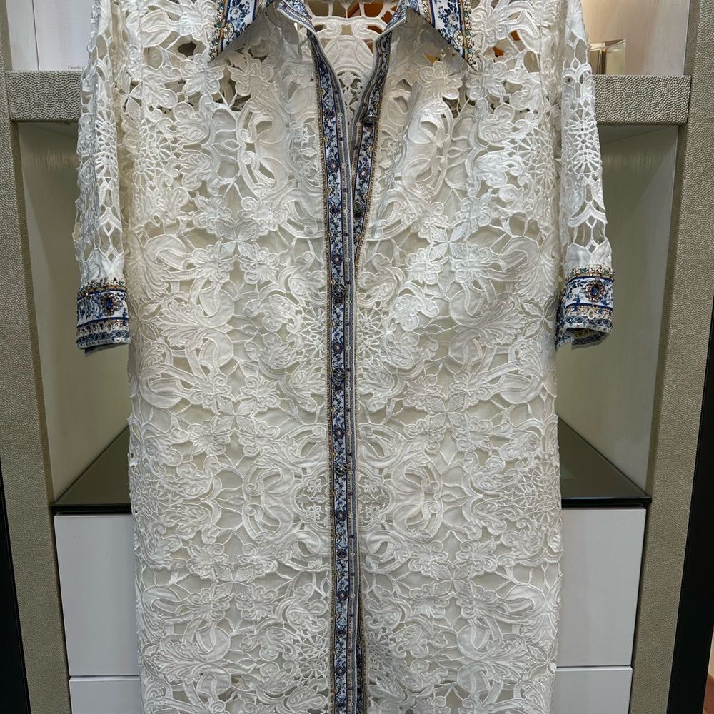 Elegant White Lace Dress with Blue Accents